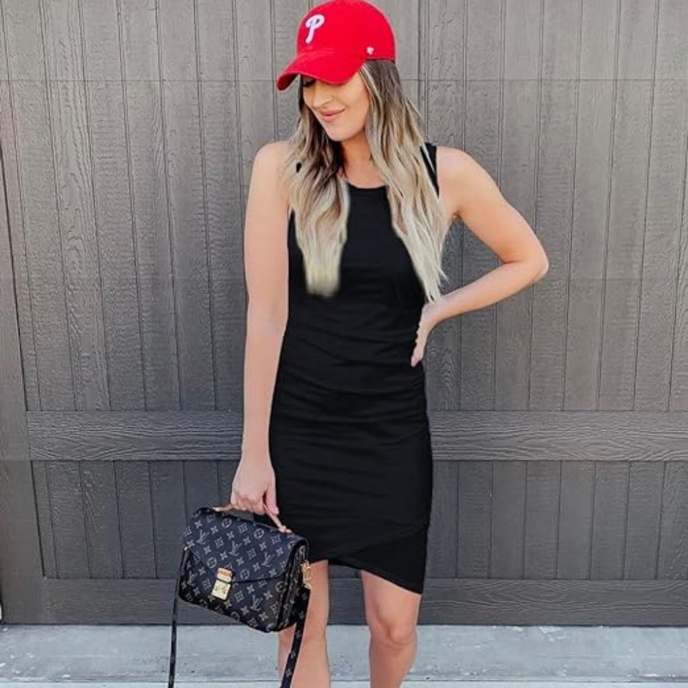 BTFBM Women Sleeveless Tank Dress Crew Neck Slim Fit Short Casual Ruched Bodycon